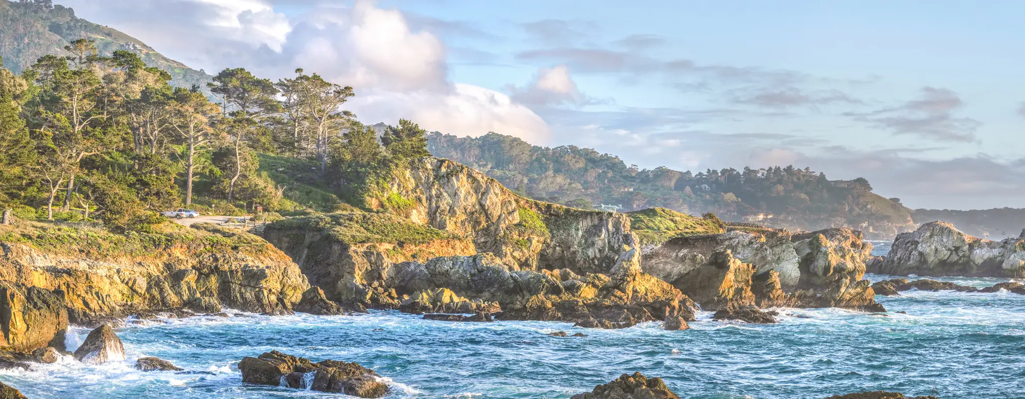 The rocky Carmel Highlands coastline seen from Point Lobos, with cypress and homes set into the forested headland